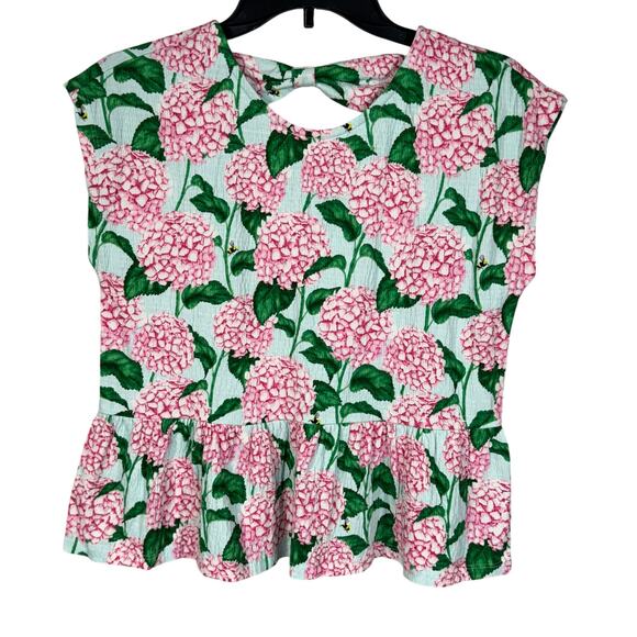 Crown & Ivy Kids X-Large Pepulm Top Pink Hydrangea Floral Stretch Ruffled Hem - Picture 1 of 7